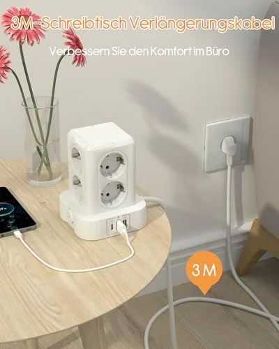 U-PTYTM ▫️ Extensão com proteção contra sobretensão, 3680 W, 16 A, com 8 tomadas Schuko e 3 portas USB, com cabo de extensão de 3 m, centro de distribuição para o lar 3