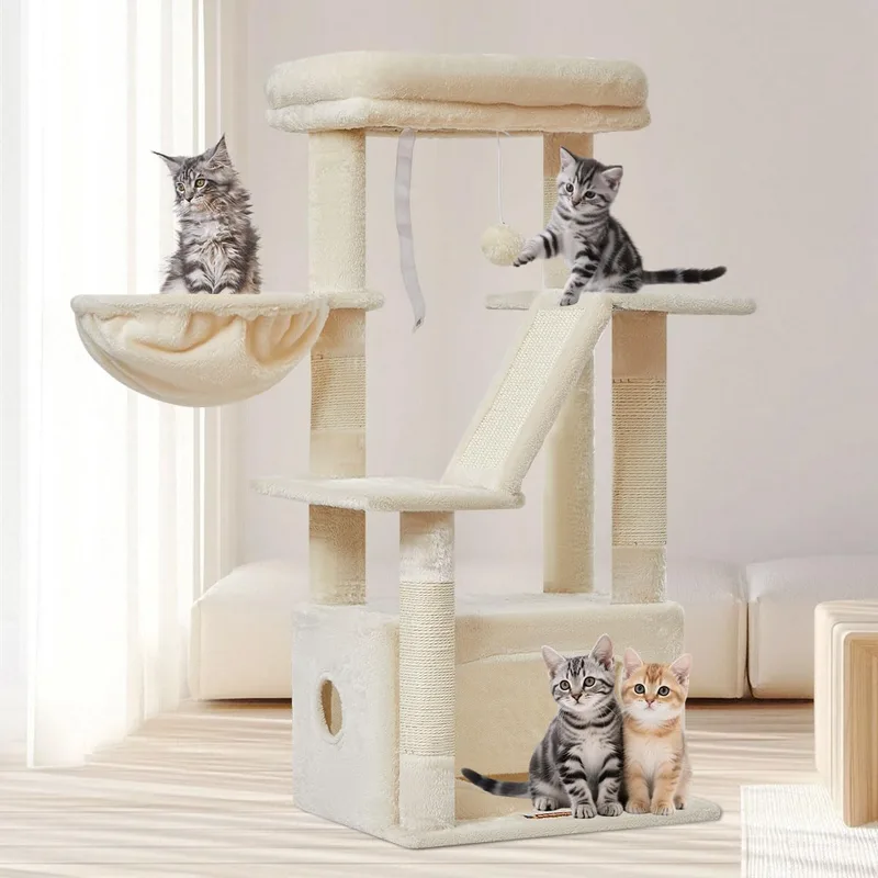 Taoqimiao ▫️ Arranhador para gatos árvore de arranhar para gatos de 98 cm com 1 plataforma, 1 gruta, cesto, MS029SM Bege