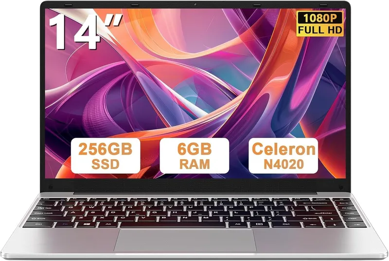bvate ▫️ 2026 Portátil de 14", Windows 11, N4020 até 2,8 GHz, 256 GB, compatível com expansão SSD até 1 TB, 14" Portáteis FHD, Wi-Fi 2,4G+5G, BT 4.2, Mini-HDMI, com rato sem fios e autocolantes, teclado espanhol - prateado