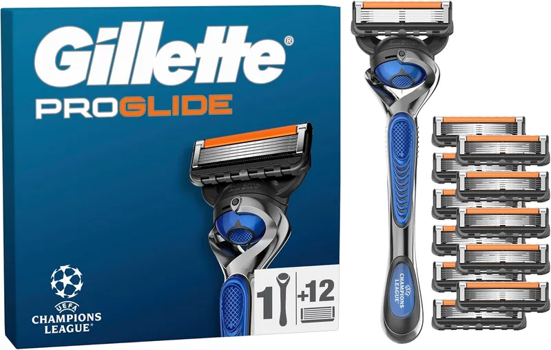 Gillette ▫️ Proglide Edição Especial Liga dos Campeões da UEFA Navalha de Barbear para Homem, 1 cabo + 12 recargas, com lubrificação dupla antes e depois das lâminas, nova fita lubrificante