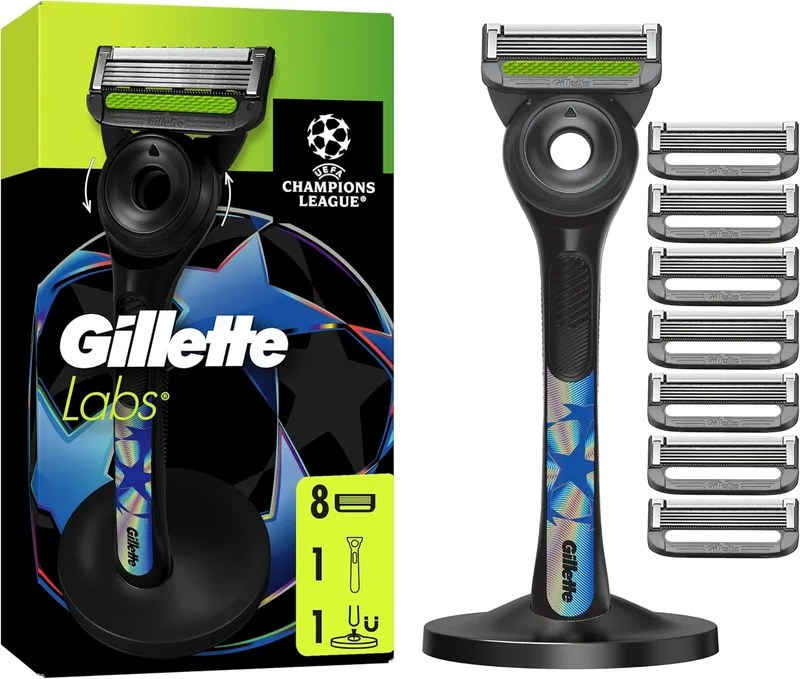 King C. Gillette ▫️ GilletteLabs Edição Especial da Liga dos Campeões da UEFA Navalha de Barbear para Homem com Barra Esfoliante, 1 Cabo + 8 Lâminas de Substituição, Inclui Suporte Magnético Premium