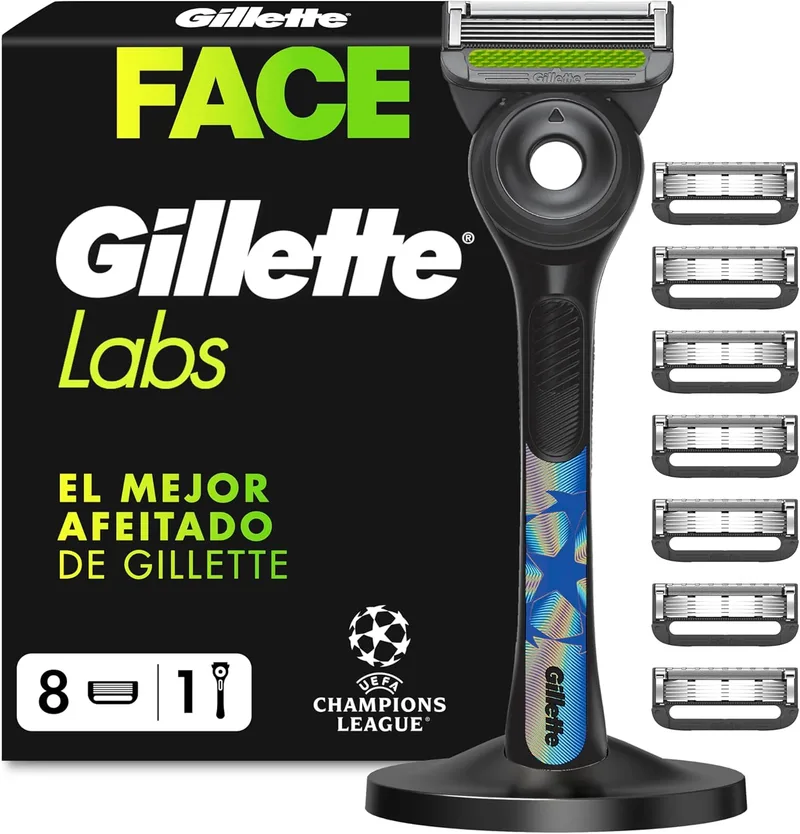 King C. Gillette ▫️ GilletteLabs Edição Especial da Liga dos Campeões da UEFA Navalha de Barbear para Homem com Barra Esfoliante, 1 Cabo + 8 Lâminas de Substituição, Inclui Suporte Magnético Premium