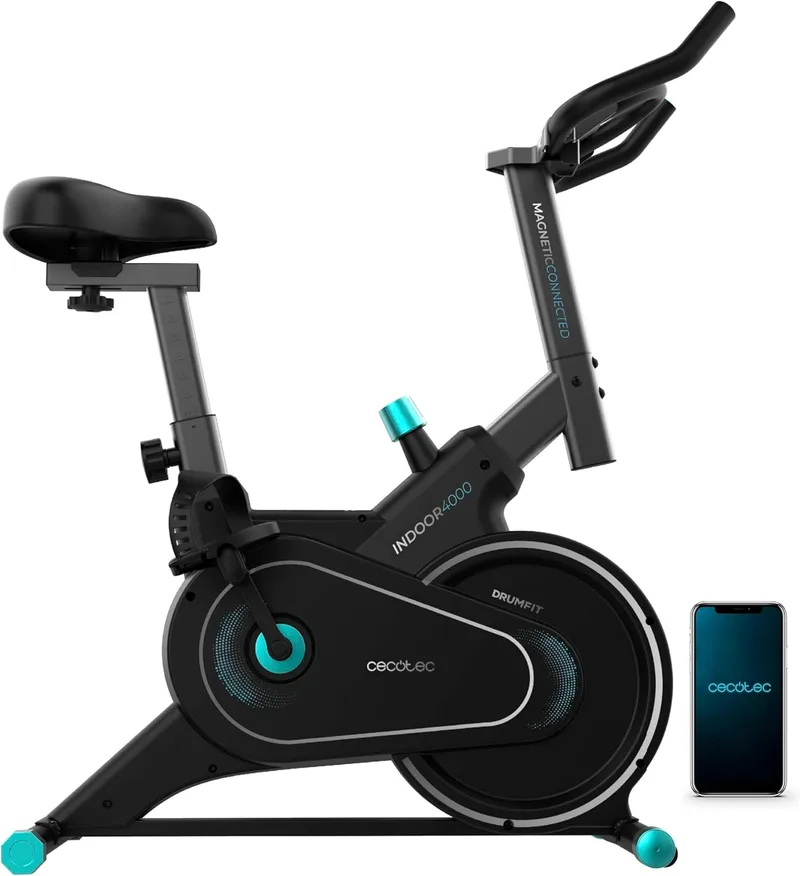 Cecotec ▫️ Bicicleta de exercício de interior com APP Drumfit Indoor 4000 Magnetic Connected. Resistência magnética com volante de inércia 4Kg, Resistência ajustável manualmente, Rodas de transporte, Peso máximo 120kg.