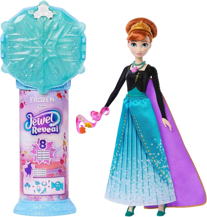 Mattel ▫️ Disney Frozen Boneca Anna com Roupas e Acessórios e 8 surpresas, incluindo um porta-joias em forma de floco de neve, um anel para as crianças e 9 peças de brincar, inspirada no filme, JJY37