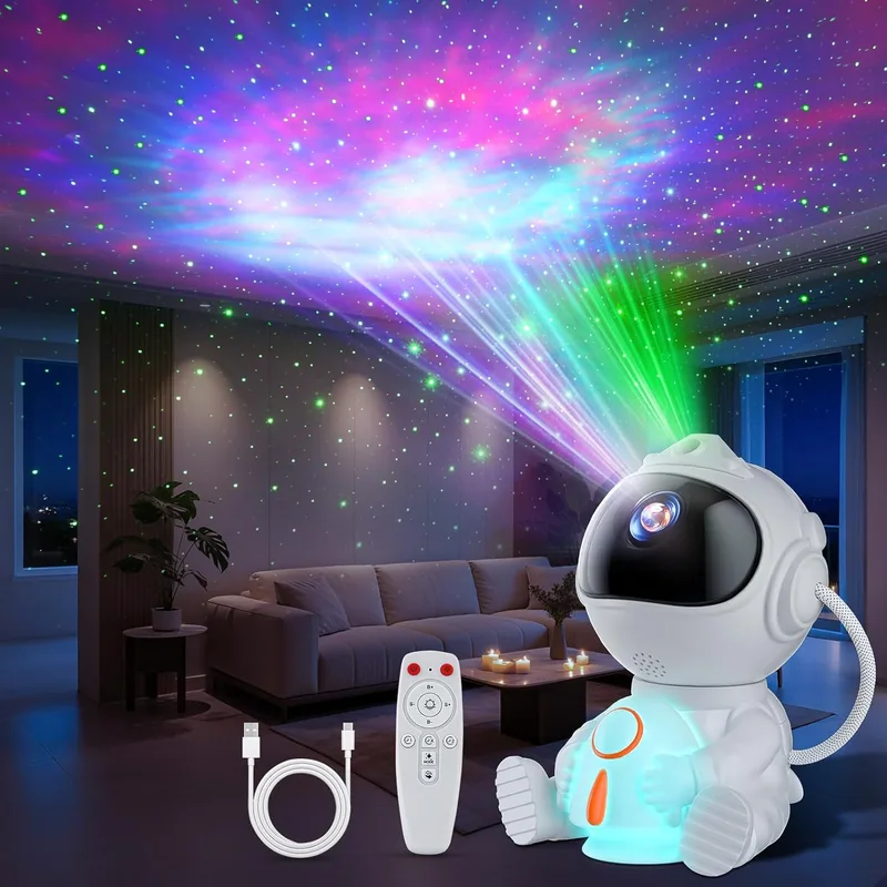 Swoieltr ▫️ Projetor de Estrelas LED para Teto com Tema de Astronauta e Comando à Distância, 8 Modos de Nebulosa e 5 Modos de Luminosidade e Velocidade, Luz Noturna em Forma de Foguete, Lâmpada Projetora de Estrelas para Crianças