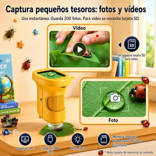 OAEBLLE ▫️ Microscópio para crianças, microscópio digital infantil 4K com ecrã IPS de 2,4 polegadas e zoom de 1000x, lupa portátil com 8 LEDs e câmara de vídeo, brinquedos STEM, presente de aniversário para meninos e meninas dos 3 aos 12 anos - Mandarina 3