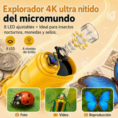 OAEBLLE ▫️ Microscópio para crianças, microscópio digital infantil 4K com ecrã IPS de 2,4 polegadas e zoom de 1000x, lupa portátil com 8 LEDs e câmara de vídeo, brinquedos STEM, presente de aniversário para meninos e meninas dos 3 aos 12 anos - Mandarina 4