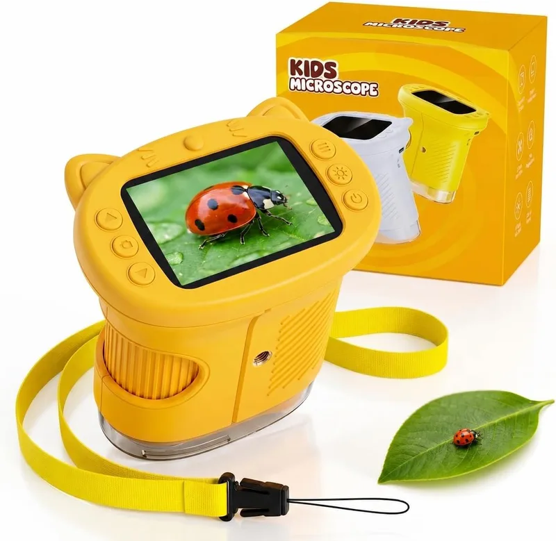 OAEBLLE ▫️ Microscópio para crianças, microscópio digital infantil 4K com ecrã IPS de 2,4 polegadas e zoom de 1000x, lupa portátil com 8 LEDs e câmara de vídeo, brinquedos STEM, presente de aniversário para meninos e meninas dos 3 aos 12 anos - Mandarina