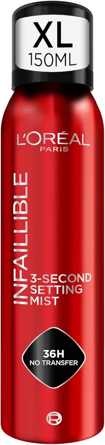 L'Oreal Paris ▫️ L'Oréal Paris XL Make-up Infallible Setting Spray com 36h* de fixação, fixa a maquilhagem sem a transferir para um aspeto impecável. À prova de água e à prova de óleo, 150 ml