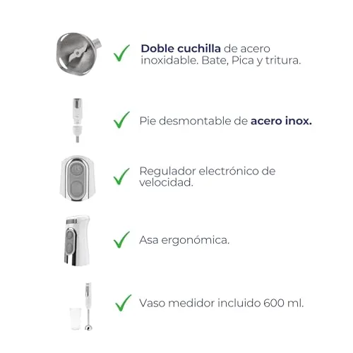 Jata ▫️ JEBT1818 - Batedeira de mão de 700 W. Velocidade ajustável. Função TURBO a 14 500 RPM. Lâmina dupla em aço inoxidável. Inclui copo de 600 ml. 5