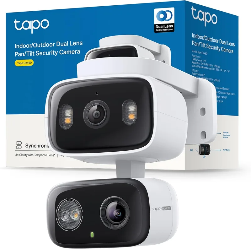 Tapo ▫️ C246D Câmara de vigilância WiFi para exterior com lente dupla 2K, grande angular de 125° e teleobjetiva de 6 mm, rastreio inteligente, deteção de IA gratuita, visão nocturna a cores