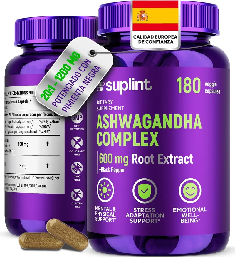 SUPLINT ▫️ Cápsulas de Ashwagandha - Extrato de raiz 20:1 = 12.000 mg de pó puro de raiz de Ashwagandha por dose com 5% de Withanolides - Alta concentração - 180 cápsulas veganas (1 embalagem)