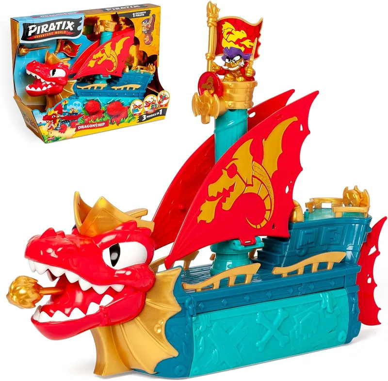 PIRATIX ADVENTURE WORLD ▫️ PIRATIX Dragon Ship - Piratix Dragon Ship Todo-o-Terreno 3 em 1: Terra, Mar e Ar. Contém 1 Navio Dragão, 1 Exclusivo Piratix, 1 Tesouro Exclusivo, 1 Bandeira e 1 Projétil.