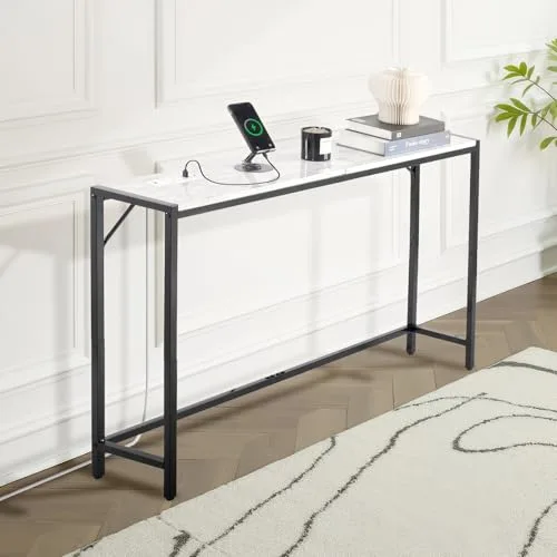 VEVOR ▫️ Mesa de mármore estreita e comprida com tomada elétrica 110 x 23,9 x 74,2 cm Mesa auxiliar de sofá com tubos de ferro e dispositivo anti-capotamento. Suporta até 20 kg para a sala de estar, entrada ou hall de entrada 2