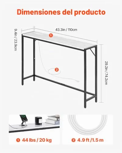 VEVOR ▫️ Mesa de mármore estreita e comprida com tomada elétrica 110 x 23,9 x 74,2 cm Mesa auxiliar de sofá com tubos de ferro e dispositivo anti-capotamento. Suporta até 20 kg para a sala de estar, entrada ou hall de entrada 3