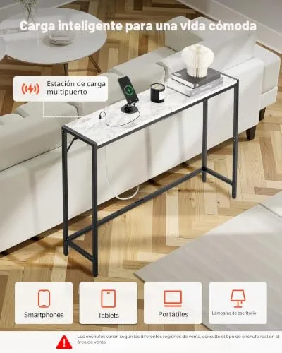 VEVOR ▫️ Mesa de mármore estreita e comprida com tomada elétrica 110 x 23,9 x 74,2 cm Mesa auxiliar de sofá com tubos de ferro e dispositivo anti-capotamento. Suporta até 20 kg para a sala de estar, entrada ou hall de entrada 4