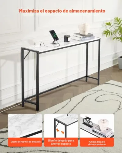 VEVOR ▫️ Mesa de mármore estreita e comprida com tomada elétrica 110 x 23,9 x 74,2 cm Mesa auxiliar de sofá com tubos de ferro e dispositivo anti-capotamento. Suporta até 20 kg para a sala de estar, entrada ou hall de entrada 6