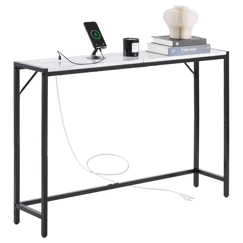 VEVOR ▫️ Mesa de mármore estreita e comprida com tomada elétrica 110 x 23,9 x 74,2 cm Mesa auxiliar de sofá com tubos de ferro e dispositivo anti-capotamento. Suporta até 20 kg para a sala de estar, entrada ou hall de entrada