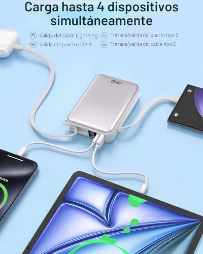 VINKO ▫️ Power Bank 20000mAh, Bateria portátil com carregamento rápido, Carregador portátil com cabo de carregamento integrado USB-C e A, Powerbank com ecrã LED de 22,5 W para iPhone séries 18/17/16/15/14, Samsung, Xiaomi - Branco 3