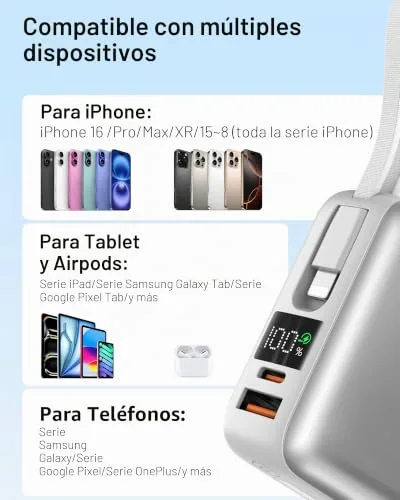 VINKO ▫️ Power Bank 20000mAh, Bateria portátil com carregamento rápido, Carregador portátil com cabo de carregamento integrado USB-C e A, Powerbank com ecrã LED de 22,5 W para iPhone séries 18/17/16/15/14, Samsung, Xiaomi - Branco 5