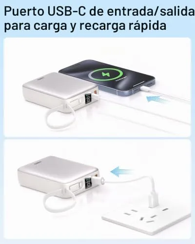 VINKO ▫️ Power Bank 20000mAh, Bateria portátil com carregamento rápido, Carregador portátil com cabo de carregamento integrado USB-C e A, Powerbank com ecrã LED de 22,5 W para iPhone séries 18/17/16/15/14, Samsung, Xiaomi - Branco 7