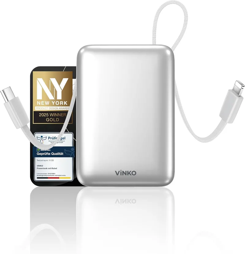 VINKO ▫️ Power Bank 20000mAh, Bateria portátil com carregamento rápido, Carregador portátil com cabo de carregamento integrado USB-C e A, Powerbank com ecrã LED de 22,5 W para iPhone séries 18/17/16/15/14, Samsung, Xiaomi - Branco