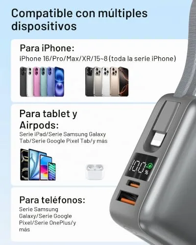VINKO ▫️ Power Bank 20000mAh, Bateria portátil com carregamento rápido, carregador portátil com cabo de carregamento integrado USB-C e A, power bank com ecrã LED de 22,5 W para a série iPhone 18/17/16/15/14, Samsung, Xiaomi - Cinzento 5