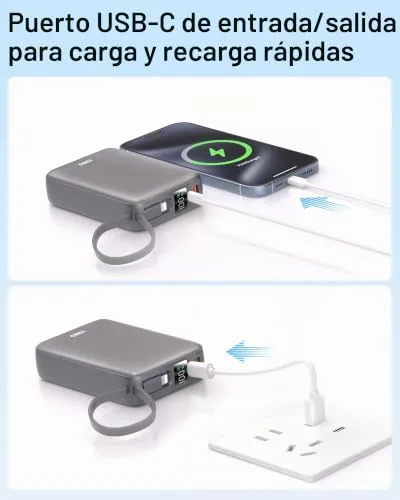 VINKO ▫️ Power Bank 20000mAh, Bateria portátil com carregamento rápido, carregador portátil com cabo de carregamento integrado USB-C e A, power bank com ecrã LED de 22,5 W para a série iPhone 18/17/16/15/14, Samsung, Xiaomi - Cinzento 7