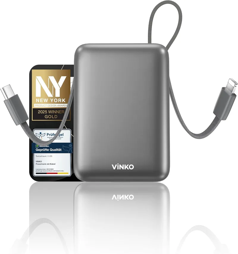VINKO ▫️ Power Bank 20000mAh, Bateria portátil com carregamento rápido, carregador portátil com cabo de carregamento integrado USB-C e A, power bank com ecrã LED de 22,5 W para a série iPhone 18/17/16/15/14, Samsung, Xiaomi - Cinzento