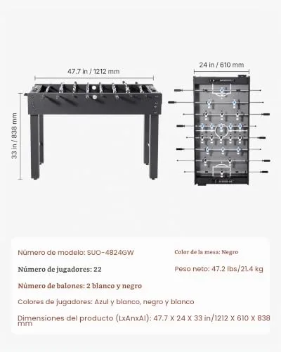 VEVOR ▫️ Mesa de matraquilhos tamanho padrão, ideal para interiores, casa, família e sala de jogos, jogo de futebol resistente, inclui 2 bolas, marcador e 2 porta-copos, 1212 x 610 x 838 mm, preto 7