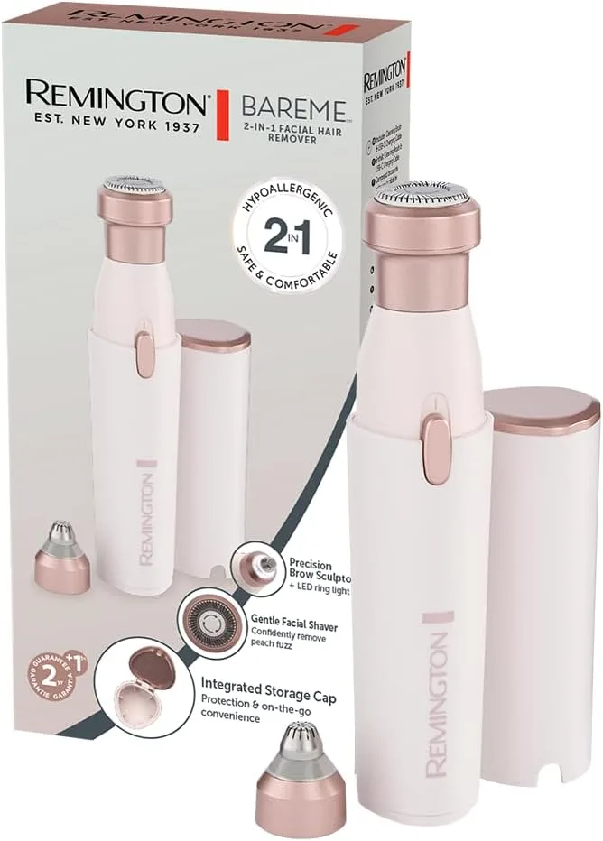 Remington ▫️ Máquina de barbear facial para mulher [2 em 1: máquina de barbear facial e aparador de sobrancelhas] BareMe (à prova de água, depilação do lábio superior, queixo e bochechas, bateria, USB-C, escova e tampa) WFS200