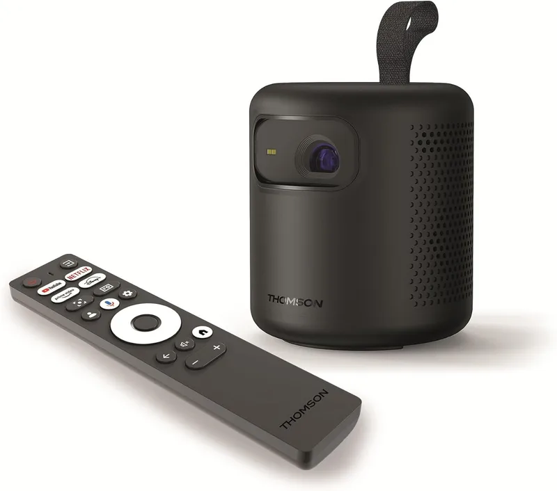 THOMSON ▫️ Vega PG35B Projetor LED Inteligente Portátil, Full HD 1080p, Google TV, 350 ANSI, Focagem Automática, Correção Trapezoidal, HDR10, Dolby Digital+, Wi-Fi, Bluetooth, Bateria - Estojo Incluído