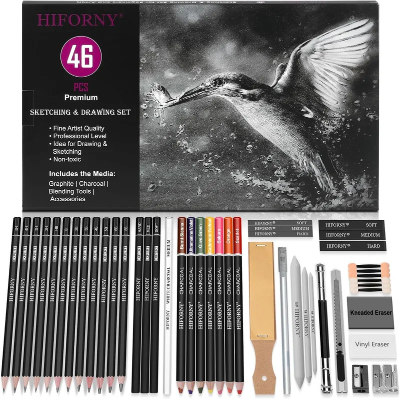HIFORNY ▫️ Conjunto de 46 lápis de desenho para esboços, lápis de desenho, materiais de arte com lápis de carvão coloridos, grafite, carvão, ferramentas de mistura, acessórios, kit de desenho para