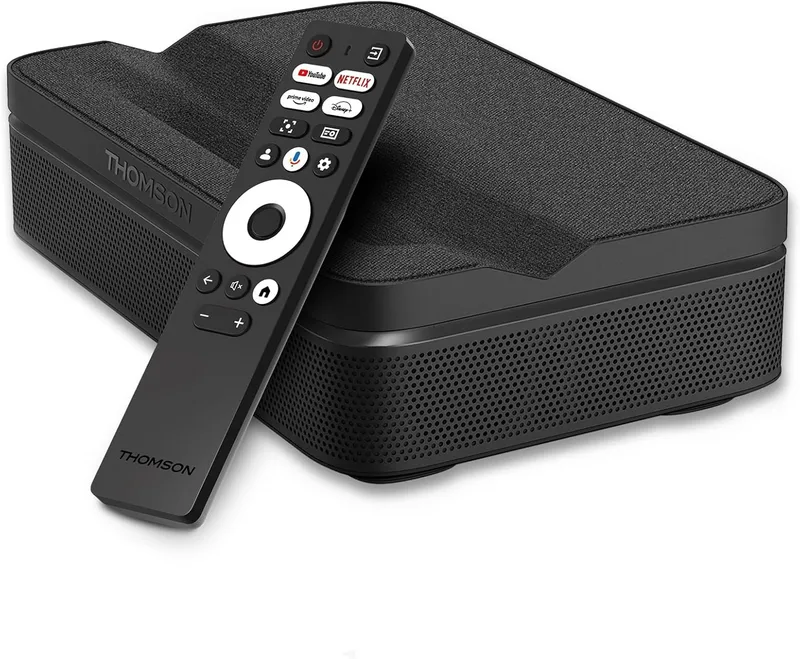 THOMSON ▫️ Projetor a laser RGB inteligente Sirius PG55B, projeção de alcance ultracurto, Full HD 1080p, Google TV, 600 ANSI, focagem automática, HDR10+, Dolby Digital+, bateria, Wi-Fi, Bluetooth
