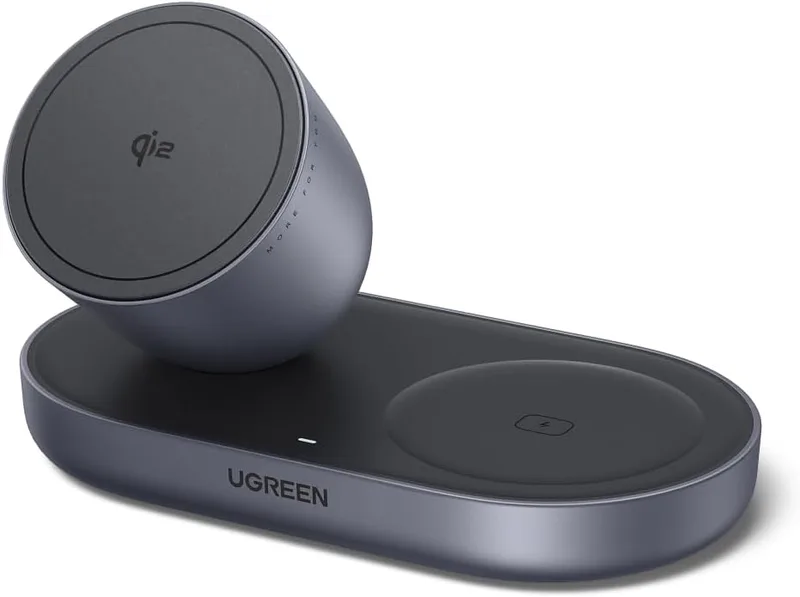 UGREEN ▫️ Zapix Carregador sem fios para iPhone Certificação Qi2 Base de carregamento sem fios 15W Carregador Fios magnético 2 em 1 Compatível com Magsafe iPhone 17 Pro MAX Air 16 15 14 13 12 AirPods 4 3 Pro 3 2 1 (Preto)