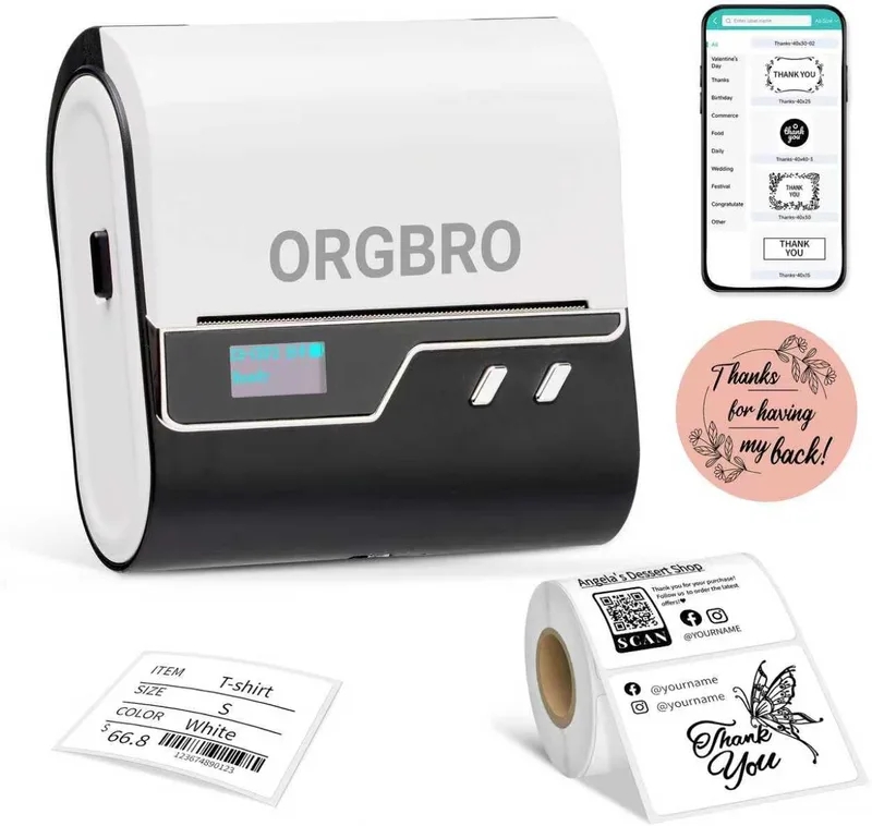 ORGBRO ▫️ Impressora de Etiquetas Z3 Impressora de Etiquetas Adesivas Térmicas Máquina de Etiquetas Adesivas para Joalharia, Supermercado, Pequenas Empresas com 1 Rolo Branco de Etiquetas 50x30 mm, Prata