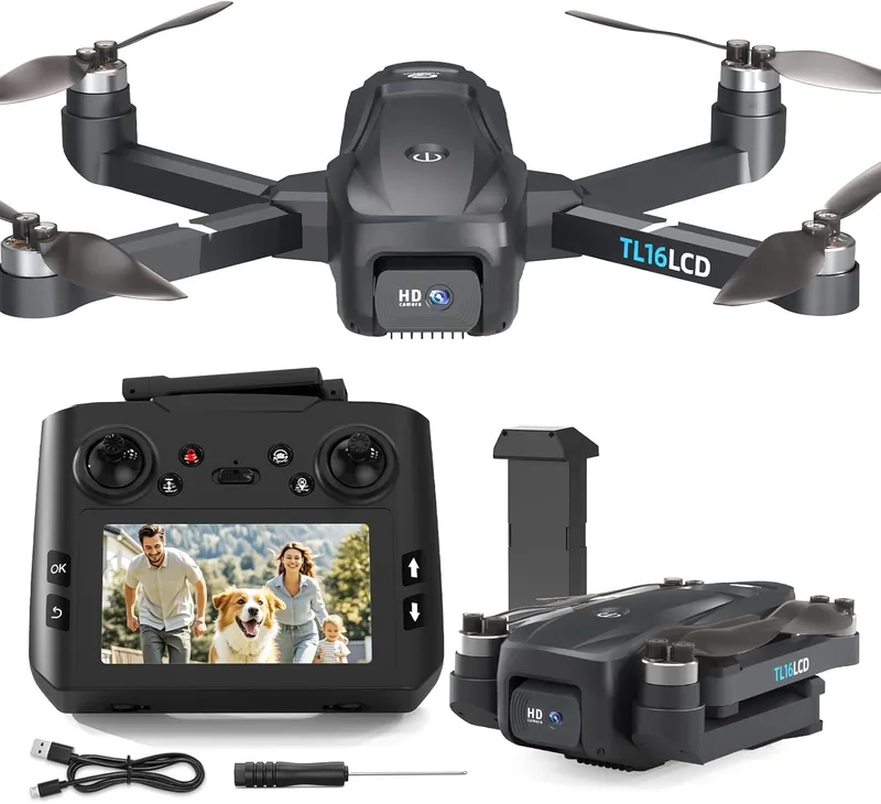 Tolatoyus ▫️ Drones TL16LCD com câmara 4K, Drone FPV para principiantes com controlo remoto LCD Retorno automático Siga-me Transmissão em tempo real Drone RC GPS 5G dobrável para adultos