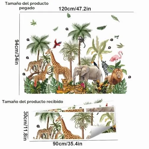 milaosk ▫️ Autocolantes decorativos de parede para crianças Autocolantes de parede com animais da selva tropical Vinis autocolantes: árvore, girafa, elefante, leão, tigre Murais autocolantes para quartos infantis: menino, bebé 2