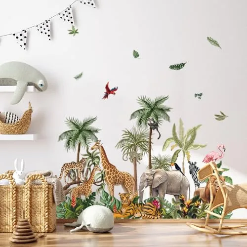 milaosk ▫️ Autocolantes decorativos de parede para crianças Autocolantes de parede com animais da selva tropical Vinis autocolantes: árvore, girafa, elefante, leão, tigre Murais autocolantes para quartos infantis: menino, bebé 3