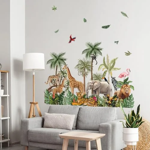 milaosk ▫️ Autocolantes decorativos de parede para crianças Autocolantes de parede com animais da selva tropical Vinis autocolantes: árvore, girafa, elefante, leão, tigre Murais autocolantes para quartos infantis: menino, bebé 4