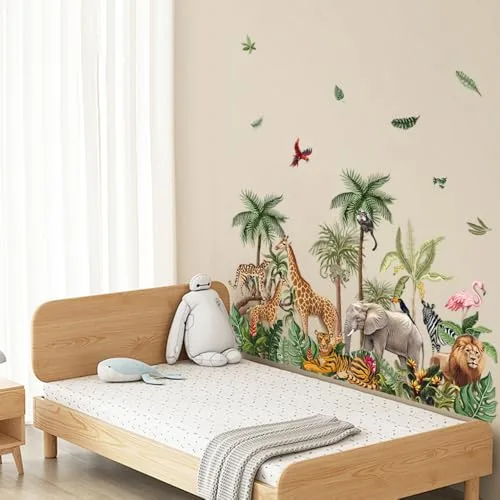 milaosk ▫️ Autocolantes decorativos de parede para crianças Autocolantes de parede com animais da selva tropical Vinis autocolantes: árvore, girafa, elefante, leão, tigre Murais autocolantes para quartos infantis: menino, bebé 5