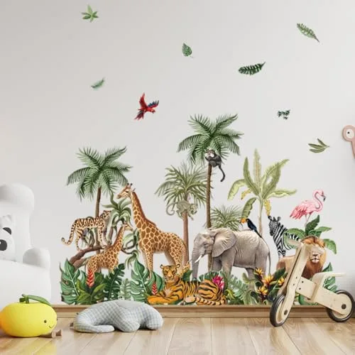 milaosk ▫️ Autocolantes decorativos de parede para crianças Autocolantes de parede com animais da selva tropical Vinis autocolantes: árvore, girafa, elefante, leão, tigre Murais autocolantes para quartos infantis: menino, bebé 6