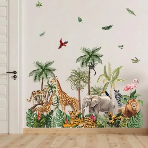 milaosk ▫️ Autocolantes decorativos de parede para crianças Autocolantes de parede com animais da selva tropical Vinis autocolantes: árvore, girafa, elefante, leão, tigre Murais autocolantes para quartos infantis: menino, bebé 7