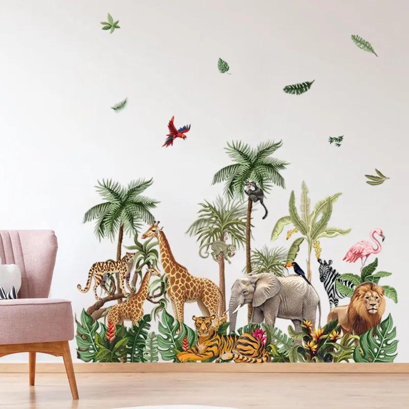 milaosk ▫️ Autocolantes decorativos de parede para crianças Autocolantes de parede com animais da selva tropical Vinis autocolantes: árvore, girafa, elefante, leão, tigre Murais autocolantes para quartos infantis: menino, bebé
