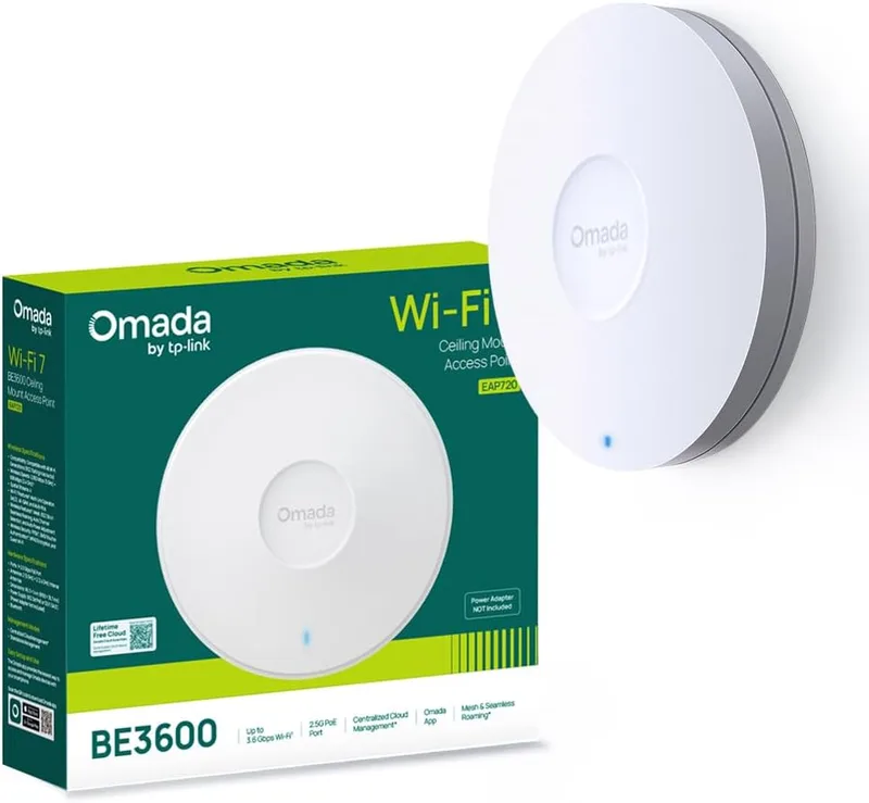 TP-Link ▫️ Omada EAP720 Ponto de acesso Wi-Fi 7 BE3600 de montagem no teto, banda dupla com 4 fluxos, 1 porta de 2,5 Gigabit com suporte a PoE+, cobertura até 140 m², mais de 250 clientes simultâneos, roaming transparente, Omada Mesh