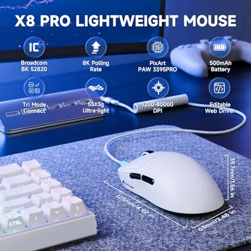 ATTACK SHARK ▫️ X8PRO Rato de Jogo Sem Fios, 55 g, ultraleve, 8 kHz, Tri-Mode 2