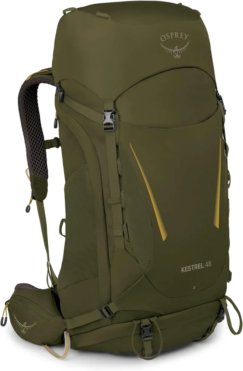 Osprey Kestrel 48 (painel traseiro AirScape moldado por injeção | Capa de chuva integrada incluída | Mochila robusta tipo mochila | Fixação de bastão de trekking) - Moss Green L-XL
