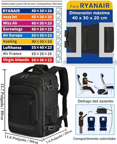 KLOSTAIN ▫️ Mochila 40x30x20 para viagem, bagagem de cabine aprovada pela Ryanair, EasyJet e Eurowings, para homem e mulher, 24 L, preta 2