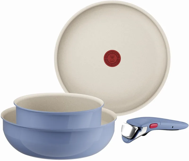 Tefal ▫️ Ingenio Serenity - Conjunto de frigideira de 28 cm + wok de 26 cm + panela de 20 cm + cabo removível, revestimento antiaderente, empilhável, adequado para indução, lavável na máquina de lavar louça e adequado para o forno, azul