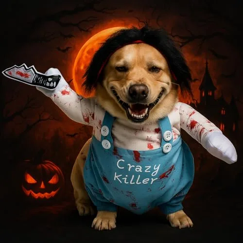 Valicaer ▫️ Fato de cão Chucky para animais de estimação, roupa de Halloween para cães e festa de cosplay de gato, fato divertido para cães de pequeno a grande porte (pequeno) 4
